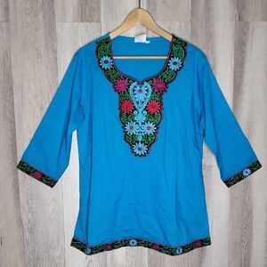 Asha Womens 36 Embroidered Blouse 3/4‎ Sleeve Cotton India Floral Lightweight